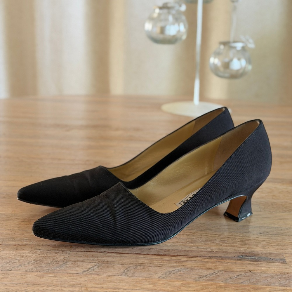Vtg 90s Anne Klein Black Ribbed Fabric Pointed Toe Kitten Heel Pumps Italy 10N